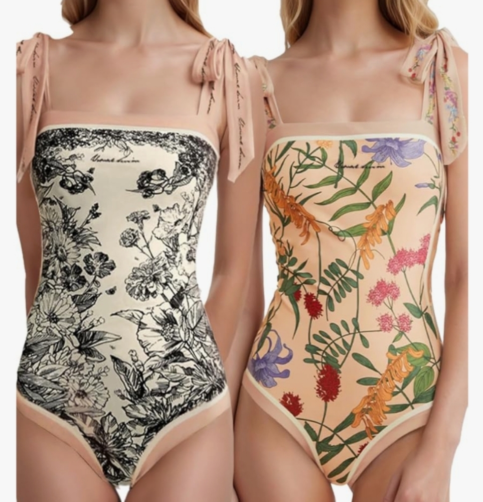 Floral Print Vintage Reversable One Piece Swimsuit with Bow Straps
